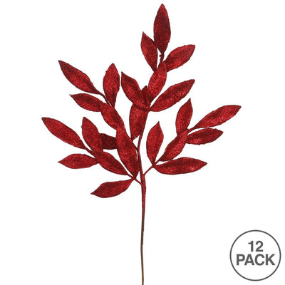22" Red Glitter Bay Leaf Artificial Sprays 12 Per Bag