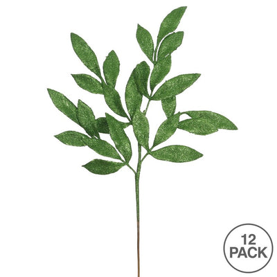 22" Green Glitter Bay Leaf Artificial Christmas Sprays 12 Per Bag