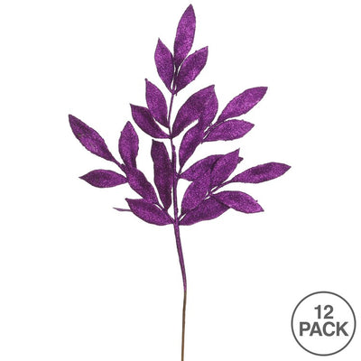 22" Purple Glitter Bay Leaf Artificial Christmas Sprays 12 Per Bag