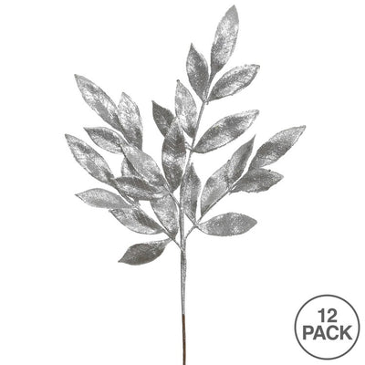 22" Silver Glitter Bay Leaf Artificial Christmas Sprays 12 Per Bag Brighten up your holiday project with this silver glitter bay leaf spray.
