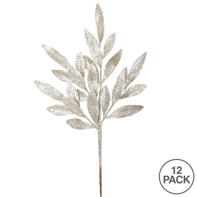 22" Champagne Glitter Bay Leaf Artificial Christmas Sprays 12 Per Bag