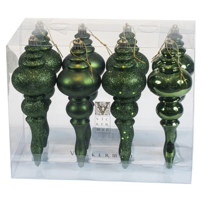 7" Moss Green Four-Finish Finial Christmas Ornaments 8 Per Box