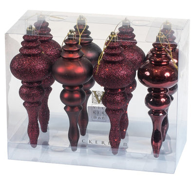 7" Burgundy Four-Finish Finial Christmas Ornaments 8 Per Box