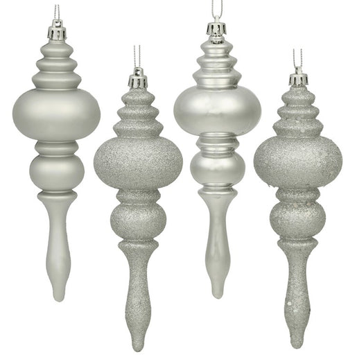 7" Silver Four-Finish Finial Christmas Ornaments 8 Per Box