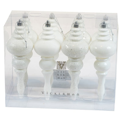 7" White Four-Finish Finial Christmas Ornaments 8 Per Box