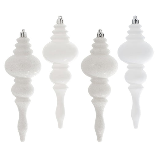 7" White Four-Finish Finial Christmas Ornaments 8 Per Box