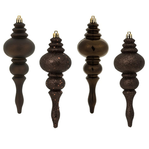 7" Chocolate Four-Finish Finial Christmas Ornaments 8 Per Box
