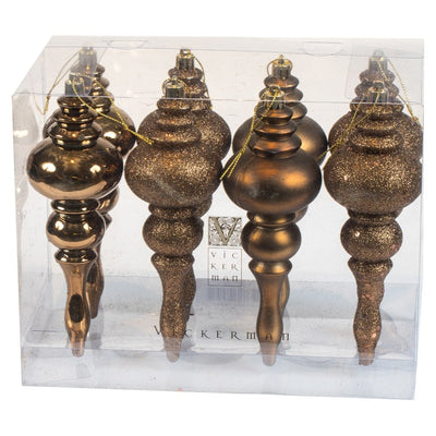 7" Mocha Four-Finish Finial Christmas Ornaments 8 Per Box