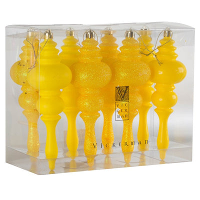 7" Yellow Four-Finish Finial Christmas Ornaments 8 Per Box