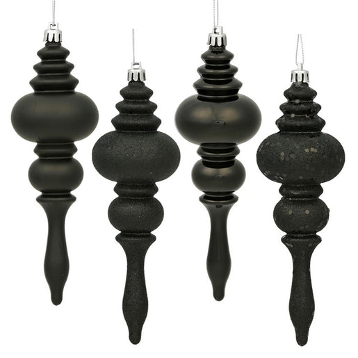 7" Black Four-Finish Finial Christmas Ornaments 8 Per Box