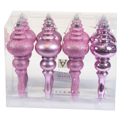 7" Pink Four-Finish Finial Christmas Ornaments 8 Per Box