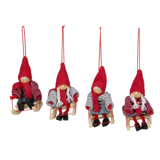 4" Red and Gray Holiday Kids on Sleds Christmas Ornament Decorations Set of 4