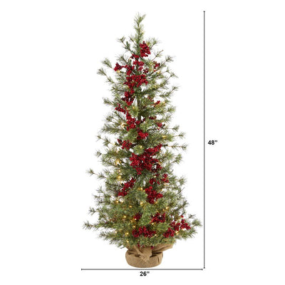 4' Berry and Pine Artificial Christmas Tree with 100 Warm White Lights and Burlap Wrapped Base