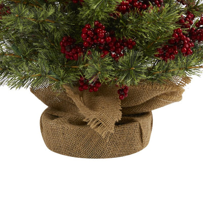 4' Berry and Pine Artificial Christmas Tree with 100 Warm White Lights and Burlap Wrapped Base
