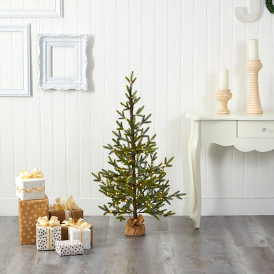 4' Fraser Fir Natural Look Artificial Christmas Tree with 100 Clear LED Lights, a Burlap Base and 403 Bendable Branches