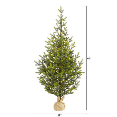 5' Fraser Fir Natural Look Artificial Christmas Tree with 200 Clear LED Lights, a Burlap Base and 853 Bendable Branches