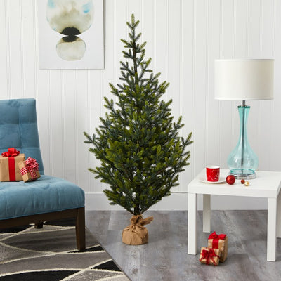 5' Fraser Fir Natural Look Artificial Christmas Tree with 200 Clear LED Lights, a Burlap Base and 853 Bendable Branches