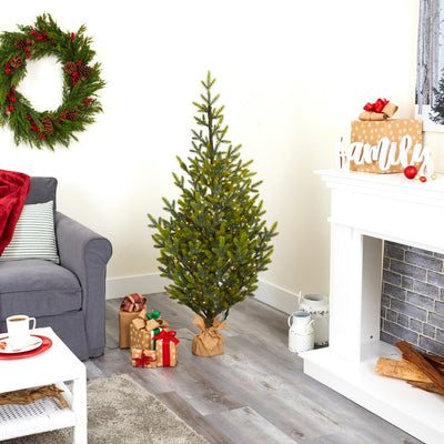 5' Fraser Fir Natural Look Artificial Christmas Tree with 200 Clear LED Lights, a Burlap Base and 853 Bendable Branches