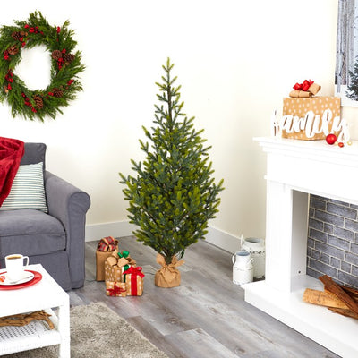 5' Fraser Fir Natural Look Artificial Christmas Tree with 200 Clear LED Lights, a Burlap Base and 853 Bendable Branches