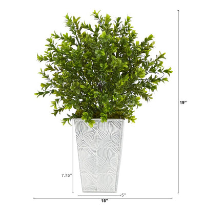 19" Boxwood Artificial Plant in Embossed White Planter (Indoor/Outdoor