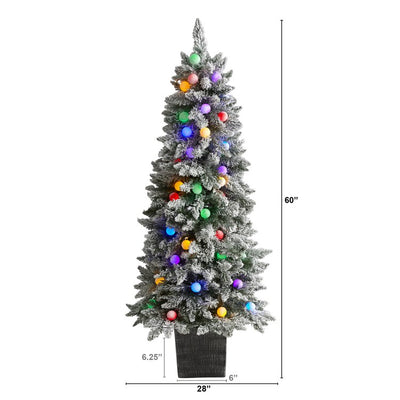 5' Flocked British Columbia Mountain Fir Artificial Christmas Tree in Decorative Planter with 50 Multi Color Globe Bulbs and 379 Bendable Branches