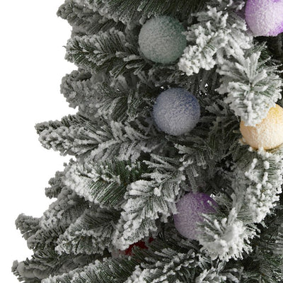 5' Flocked British Columbia Mountain Fir Artificial Christmas Tree in Decorative Planter with 50 Multi Color Globe Bulbs and 379 Bendable Branches