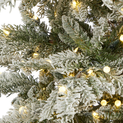 7.5' Slim Flocked Nova Scotia Spruce Artificial Christmas Tree with 450 Warm White LED Lights and 909 Bendable Branches