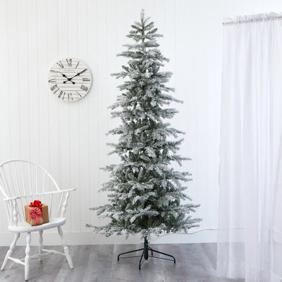 7.5' Slim Flocked Nova Scotia Spruce Artificial Christmas Tree with 450 Warm White LED Lights and 909 Bendable Branches