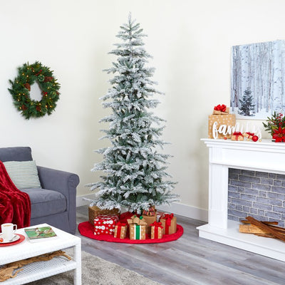 7.5' Slim Flocked Nova Scotia Spruce Artificial Christmas Tree with 450 Warm White LED Lights and 909 Bendable Branches