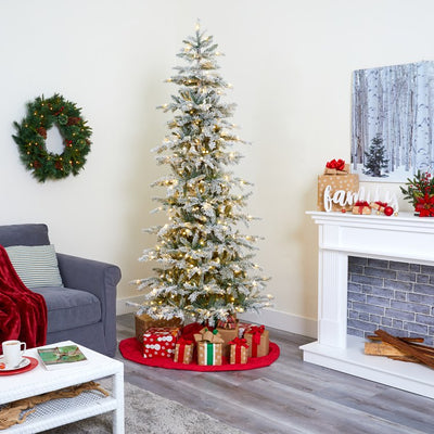 7.5' Slim Flocked Nova Scotia Spruce Artificial Christmas Tree with 450 Warm White LED Lights and 909 Bendable Branches