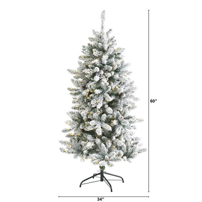 5' Flocked Livingston Fir Artificial Christmas Tree with Pine Cones and 200 Clear Warm LED Lights