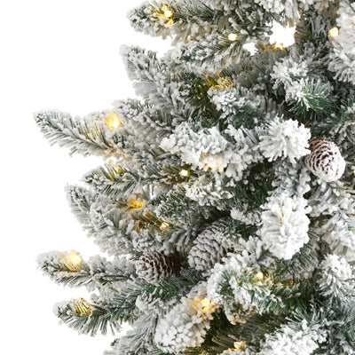 5' Flocked Livingston Fir Artificial Christmas Tree with Pine Cones and 200 Clear Warm LED Lights