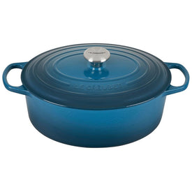 Signature 6.75-Quart Cast Iron Oval Dutch Oven with Stainless Steel Knob - Deep Teal