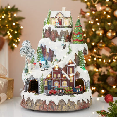 17" Musical Mountain Village, LED Lights, Cordless