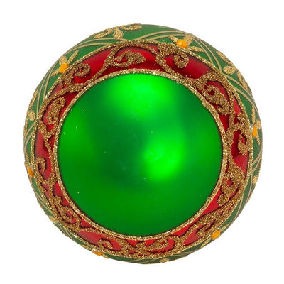 80mm Green Glass Ball Ornament With Red And Gold Fleur-De-Lis Design, 6-Piece Box