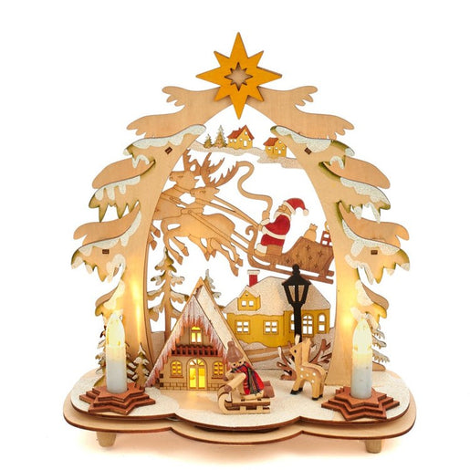 10.8" Wooden Alpine Village with Santa, Boy & Deer, LED Illuminated, Cordless