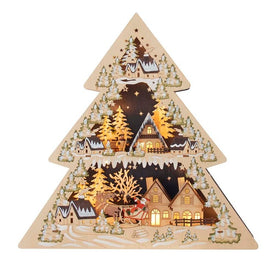 17" Wooden Tree-Shaped Christmas Village with Santa, LED Illuminated, Cordless