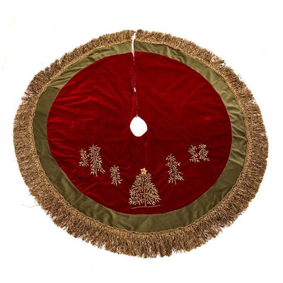 50" Burgundy Ribbon Trees Tree skirt with Green Tassel Border