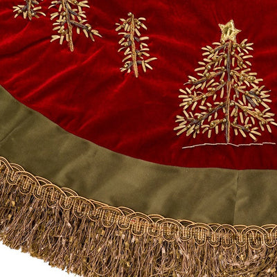 50" Burgundy Ribbon Trees Tree skirt with Green Tassel Border