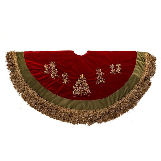 50" Burgundy Ribbon Trees Tree skirt with Green Tassel Border