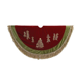 50" Burgundy Ribbon Trees Tree skirt with Green Tassel Border