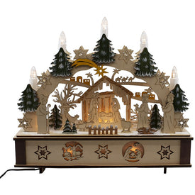 11" Battery-Operated Light-Up Wooden Nativity Scene with Candles