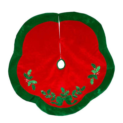48" Velvet Red with Green Leaves Applique Tree skirt