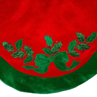 48" Velvet Red with Green Leaves Applique Tree skirt