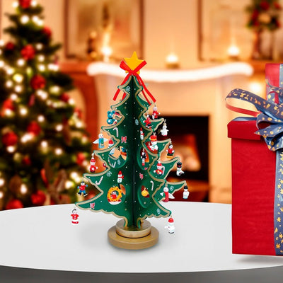 11.75" Wooden Tree with Miniature Wooden Ornaments, 25-Piece Set