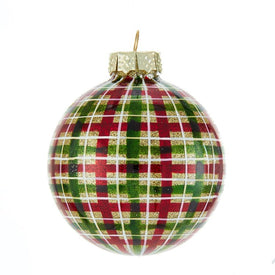 80mm Red and Green Plaid Glass Ball Ornaments 6-Piece Box