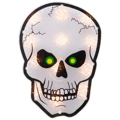 12" Silver and Black Holographic Lighted Skull Halloween Window Silhouette Decoration