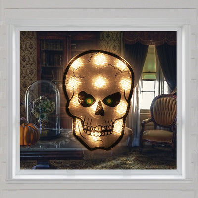12" Silver and Black Holographic Lighted Skull Halloween Window Silhouette Decoration