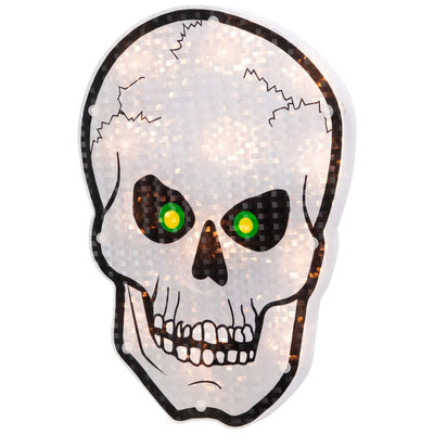 12" Silver and Black Holographic Lighted Skull Halloween Window Silhouette Decoration