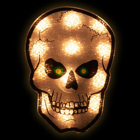 12" Silver and Black Holographic Lighted Skull Halloween Window Silhouette Decoration